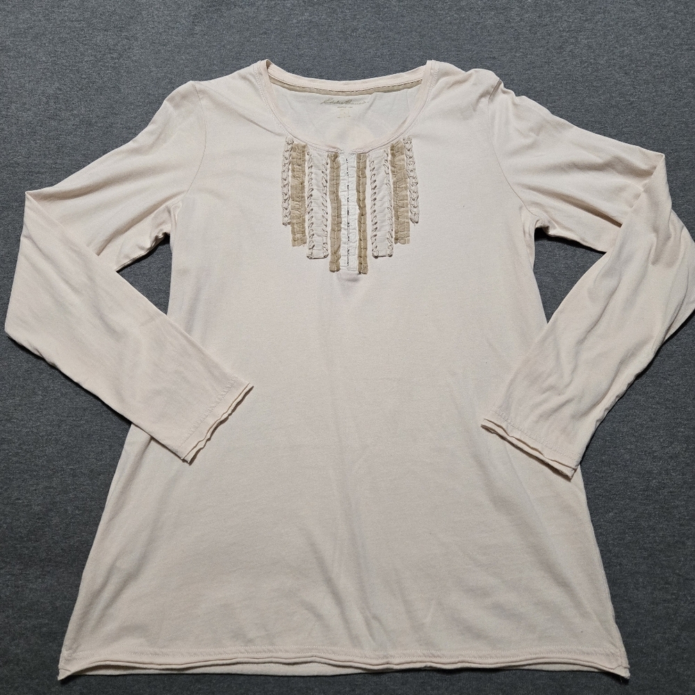 Eddie Bauer jersey Henley top L Tan hook Ruffle scoop neck long sleeve Tee